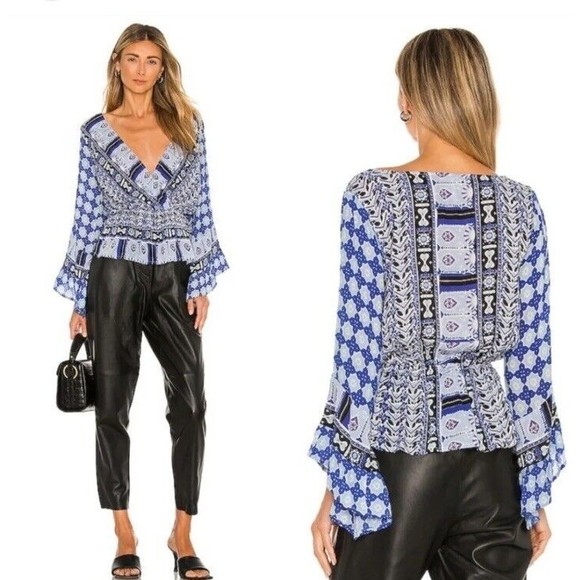 Free People Indigo Rosalie Wrap Top Blue Deep V Boho Ruffle Sleeve Size small - Picture 1 of 12